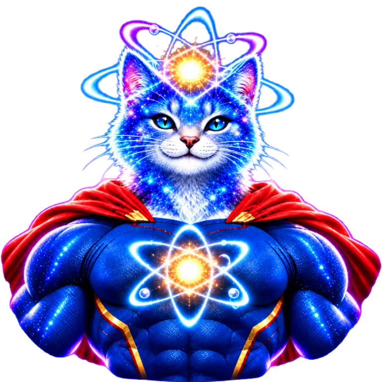 Super Quantum Cat: a glowing blue star-flecked cat in a superhero suit with a red cape and an atom halo