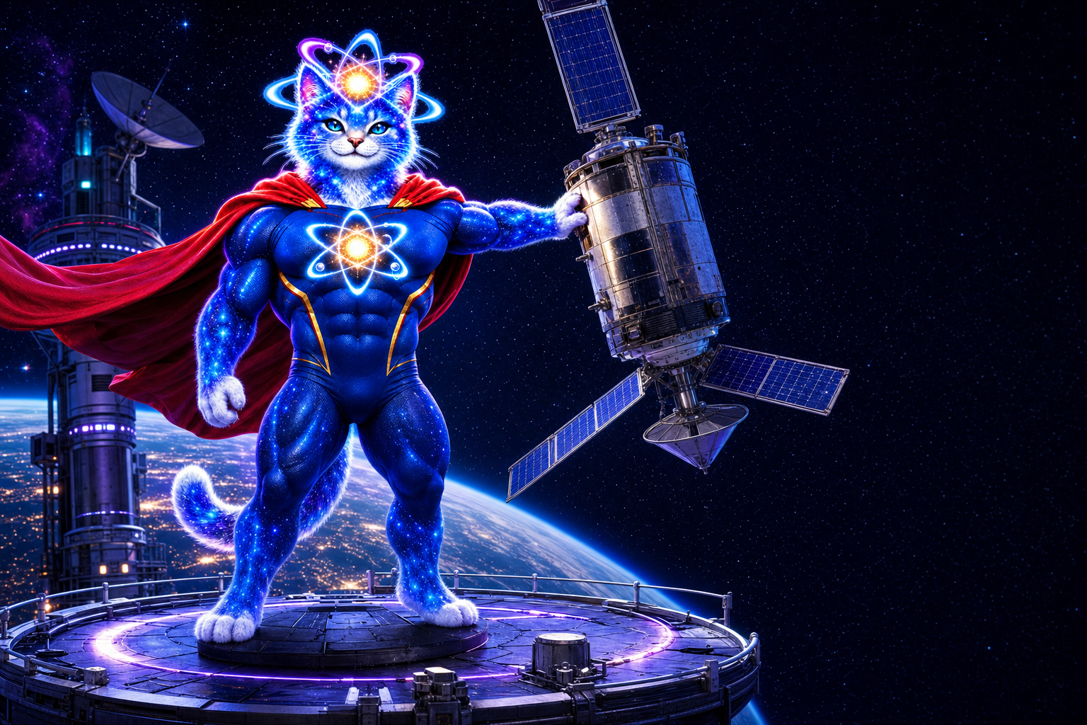Super Quantum Cat holding a drifting satellite above the night side of Earth
