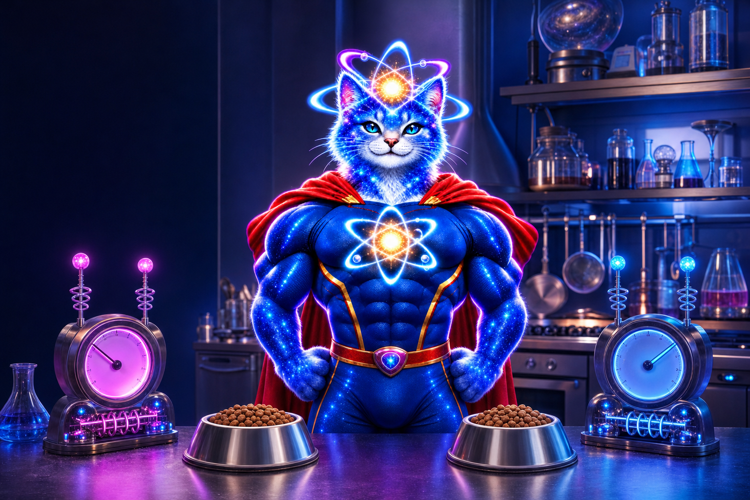 Super Quantum Cat standing behind two full food bowls in a glowing lab kitchen