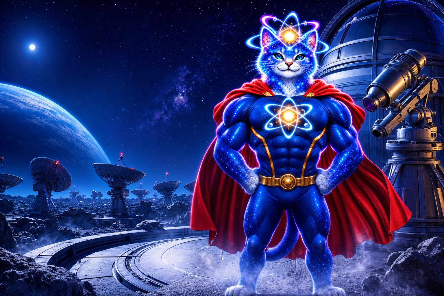 Super Quantum Cat at a moon observatory among radio dishes