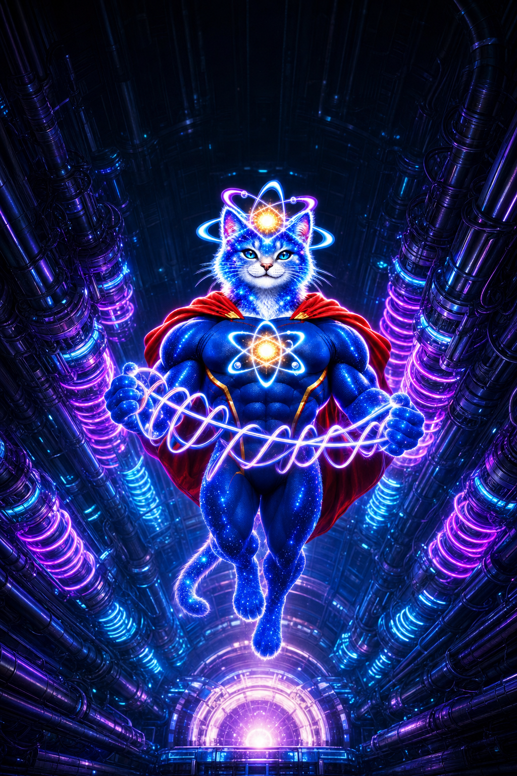 Super Quantum Cat flying up a glowing conduit holding a helix of light
